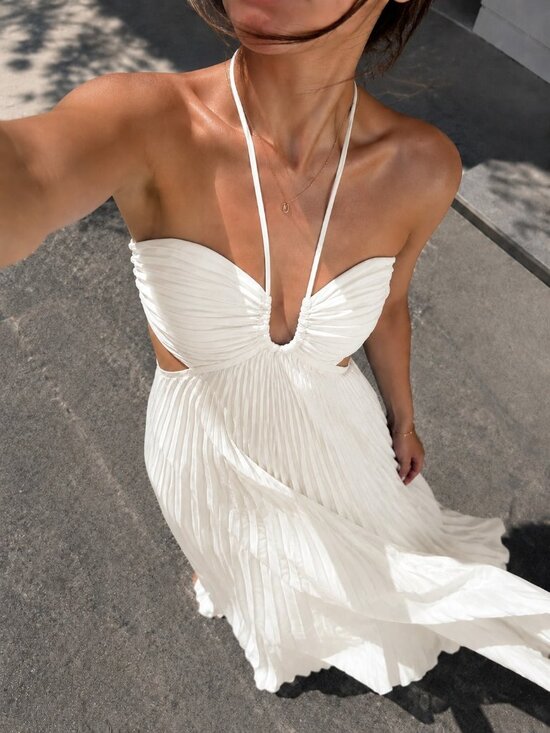 Dresses & Skirts - White Elegant Women's Pleated Cami Maxi Dress